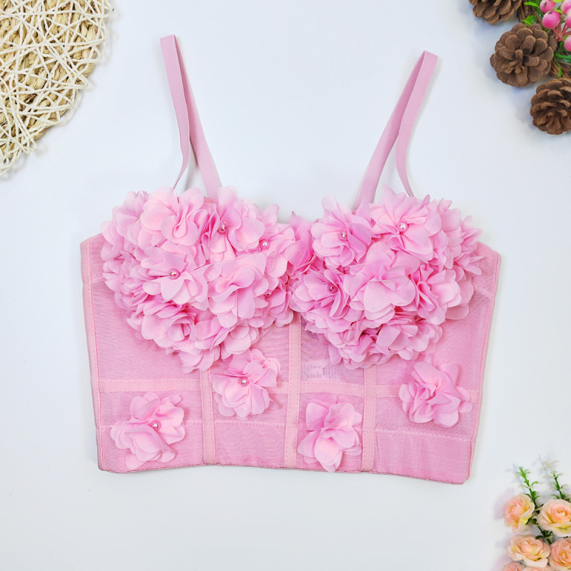 Lace Mesh Fishbone Suspenders Short with Chest Pad Flower Small Vest Outer Wear Base Wrap Chest French Beaded Top