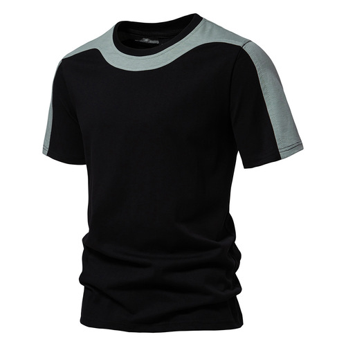亚马逊跨境男士拼色圆领短袖T恤男式青年运动时尚休闲t恤男装上衣