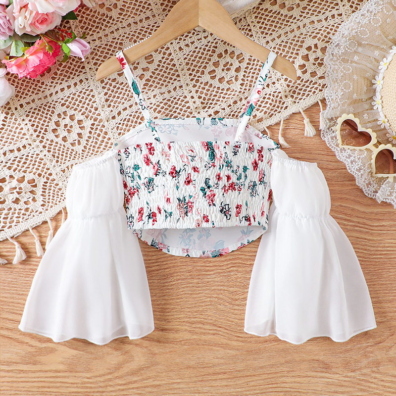 Camisola infantil estilo francés 2025 con mangas tres cuartos y estampado floral, 60g, se puede usar como prenda exterior, estilo sin mangas para niños pequeños.