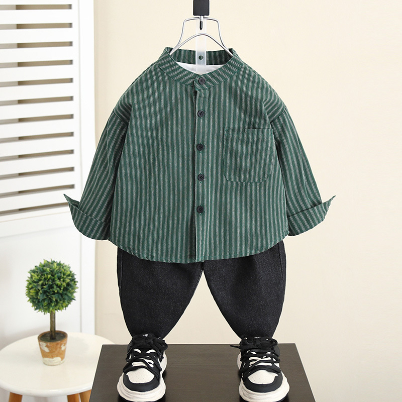 5842 Camisa de manga larga para niños Estilo de primavera y otoño 2024 Nuevo estilo Chaqueta de camisa a rayas de otoño para niños