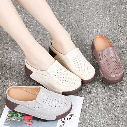 Summer Genuine Leather Outerwear Slip-On Half-Pull-on Sandals for Women, Thick Sole with Holes and Platform, for Middle-Aged and Elderly Mothers, One-Strap Slippers