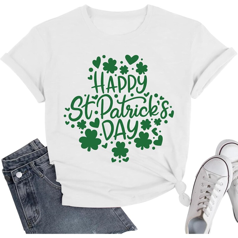 (European Size Cotton t) St. Patrick's Day Shirt Women's Lucky Clover Summer T-Shirt Fun Four-Leaf Clover