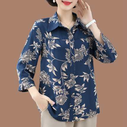 中老年人女装春秋装妈妈宽松衬衫女奶奶装棉绸衬衣加肥加大码衣服