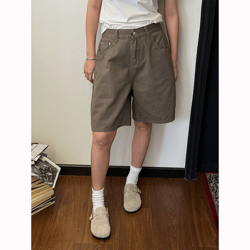 Vintage straight-leg denim shorts for men, summer cleanfit streetwear brand loose casual versatile work-style five-pocket pants trendy