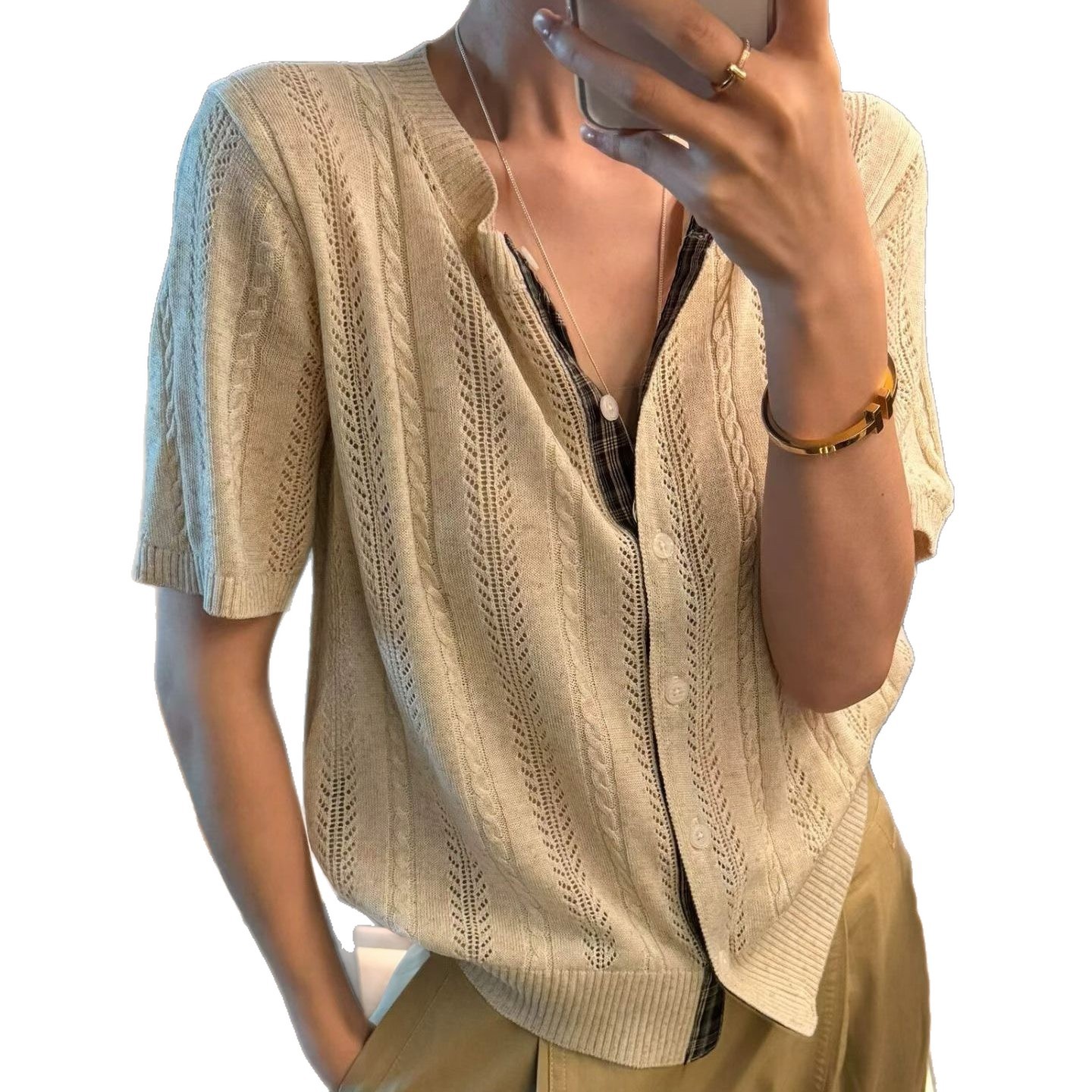 Old money linen!Nouveau riche old money style!Japanese linen edged short-sleeved knitted cardigan women's t-shirt thin top 5