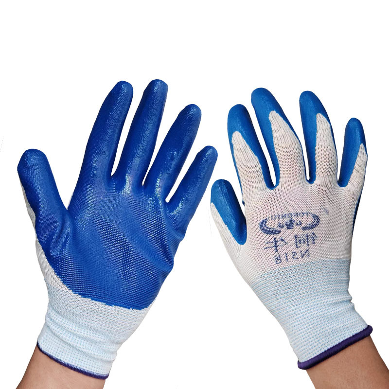 手套厂家 尼龙挂胶手套防油蓝丁腈浸胶防滑耐磨加厚防护劳保手套