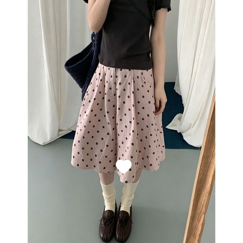 Summer Korean-style retro polka dot cropped pants with high waist, loose wide-leg design, with pockets, slimming for petite figures