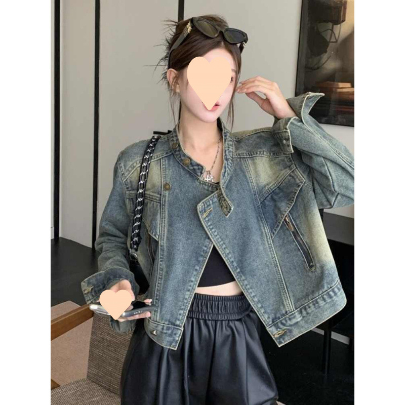 レトロな香港スタイルのスタンドカラーデニムショートジャケット女性のための初秋の新しいスタイルのルーズで多用途なカジュアルジャケットトップ|undefined