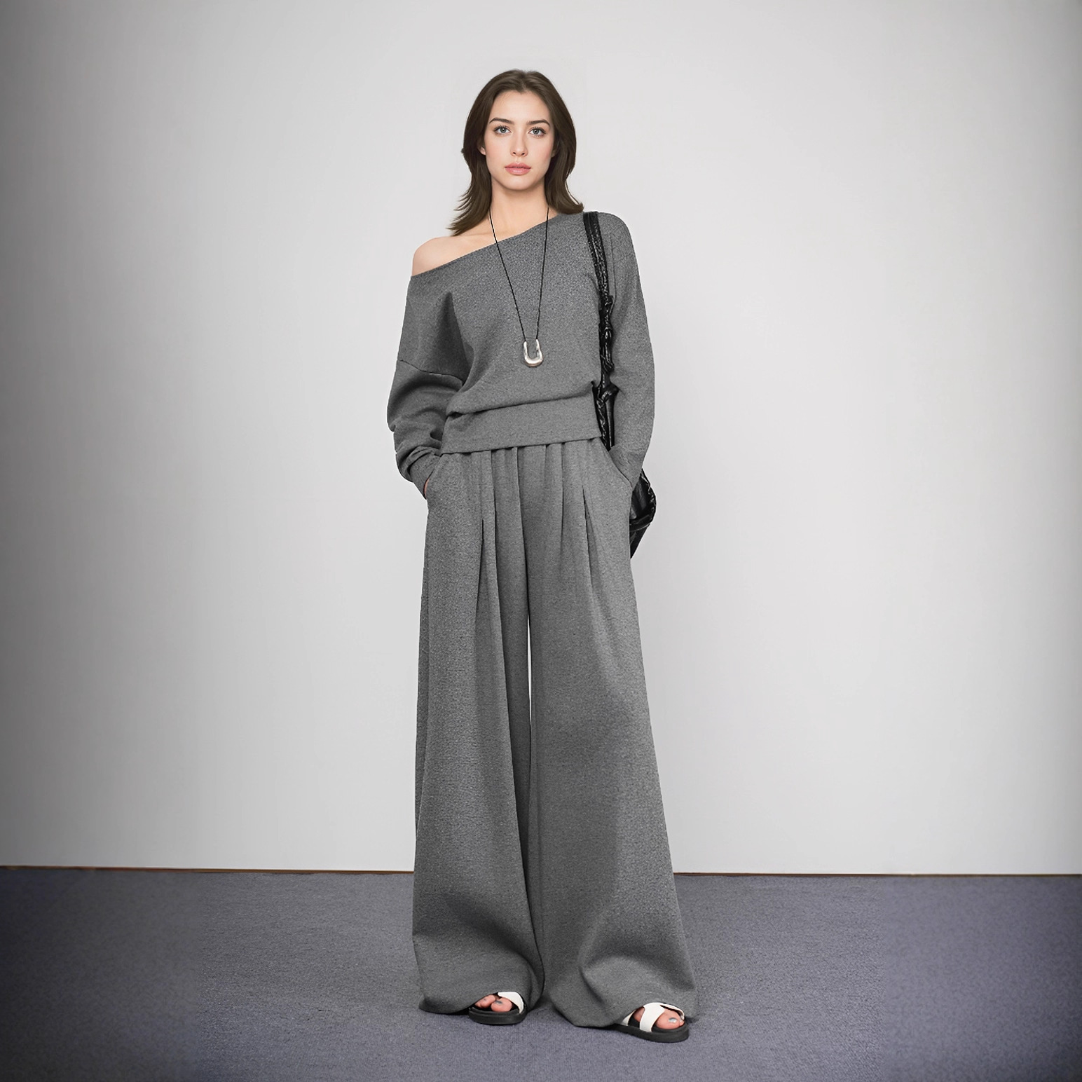 Jancey Pleated Loose Wide-Leg Pants, Off-Shoulder Sweatshirt Top, Casual Pants Set for Women, Versatile High-Waisted, Wrinkle-Free