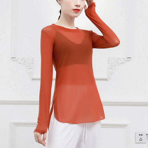Modern classical folk dance practice clothes for women, body training teachers, yoga long-sleeved mesh finger tops for adults