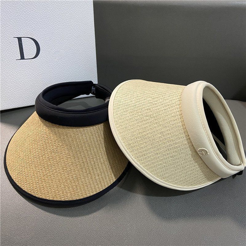 草編字母空頂雙層防曬帽女夏季天遮陽太陽帽百搭沙灘遮陽帽子批發