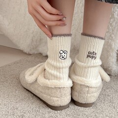 双针保暖袜子女中筒袜秋冬款加厚加绒灰色毛绒可爱冬天长袜堆堆袜
