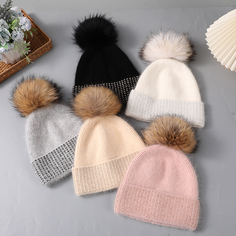 Echter Waschbärfellball für Damen, warm gestricktes Kaninchenhaar für Kinder, modische Wintermütze aus Wolle_voghion.com