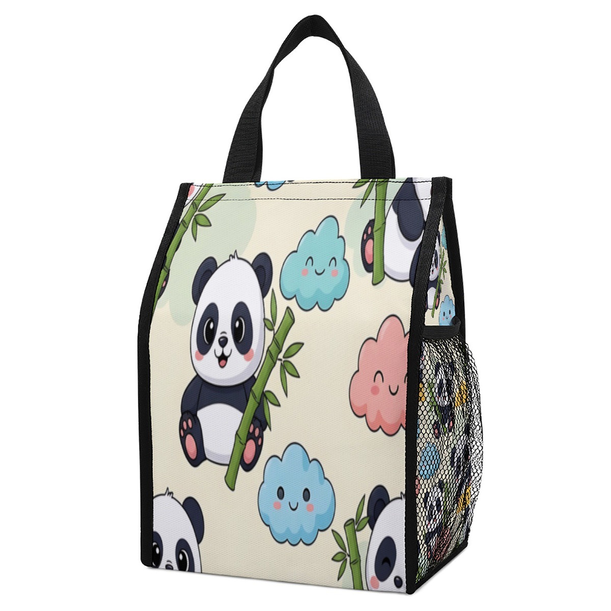 熊猫和云朵图案图案印花午餐袋保温袋餐包，容量大有侧网袋