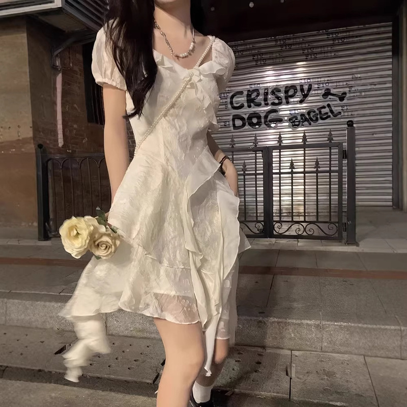 French Tea Break First Love White Dress for Women Summer Super Fairy Seaside Vacation Petite Irregular Princess Dress