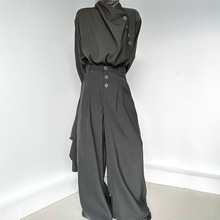 灰色不规则上衣+阔腿裙裤女2025年春季新款韩版时尚百搭休闲套装