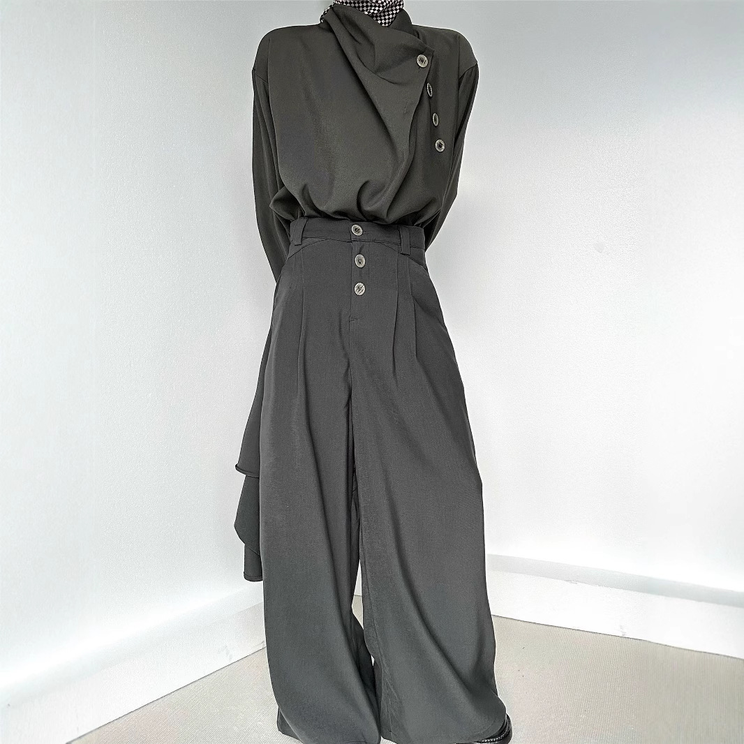 灰色不规则上衣+阔腿裙裤女2025年春季新款韩版时尚百搭休闲套装