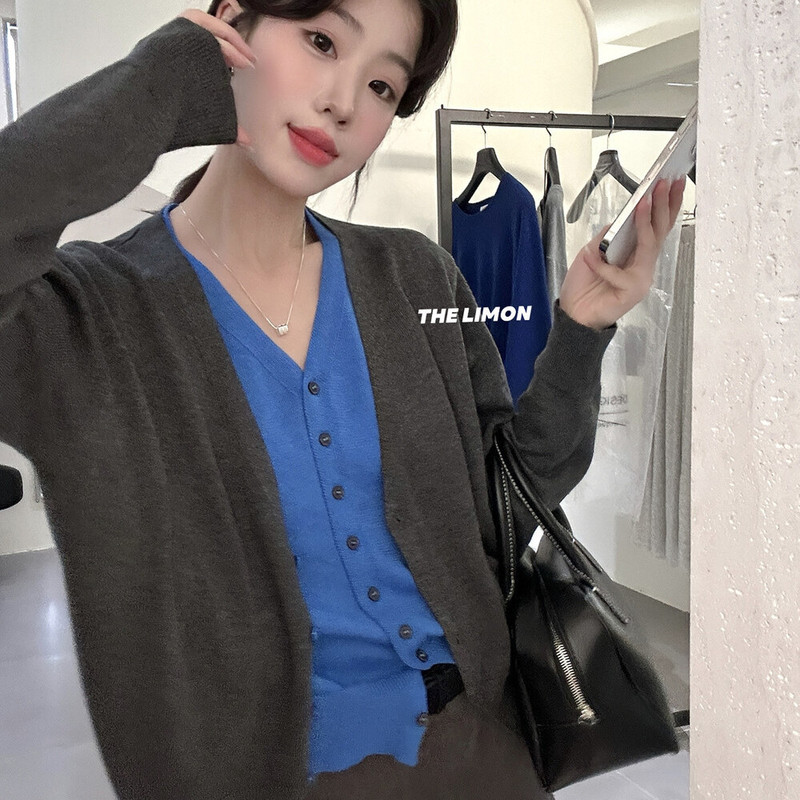 thelimon柠檬绿茶2025秋季新款设计感拼接假两件针织衫女毛衣外套|undefined