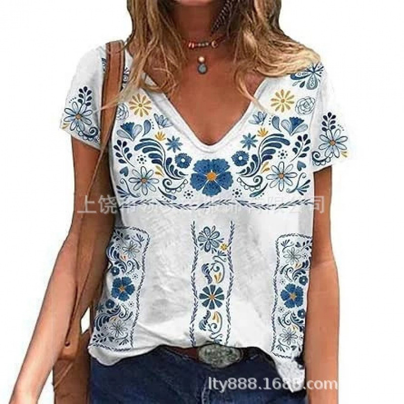 Cross-Border Women's T-Shirt Bohemian Style Blue and White Floral Print V-Neck Loose Casual Short-Sleeved Top for Women Amazon Cross-Border Women's T-Shirt Bohemian Style Blue and White Floral Print V-Neck Loose Casual Short-Sleeved Top for Women Amazon