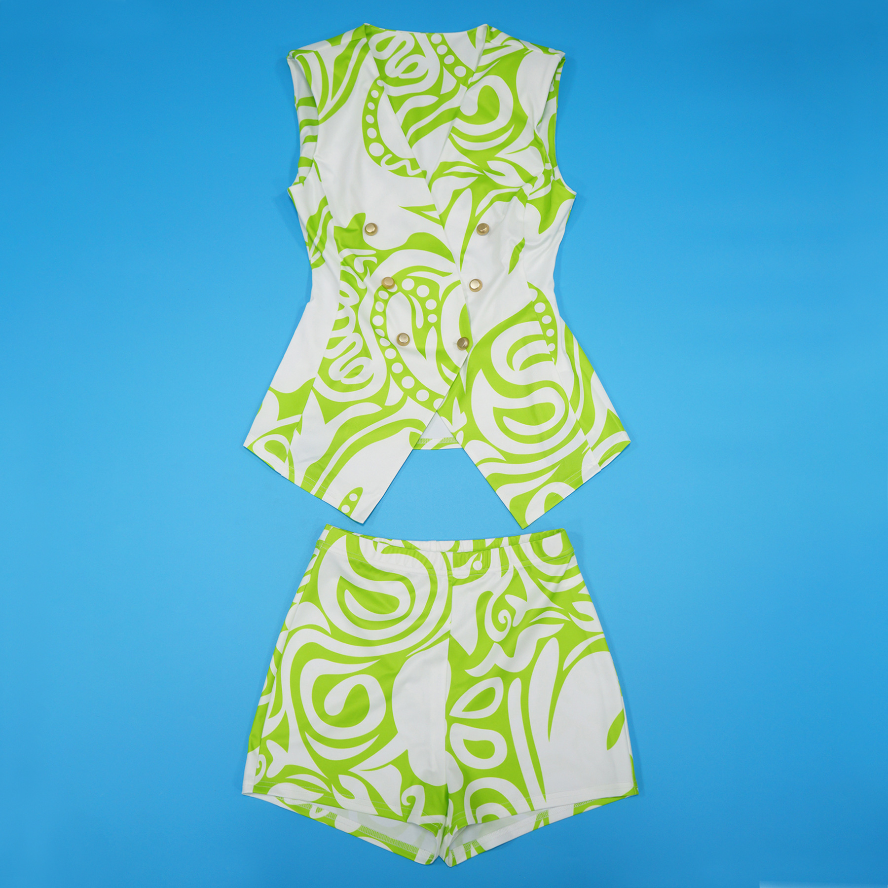 Ensemble blazer sans manches et short imprimé géométrique femme_voghion.com