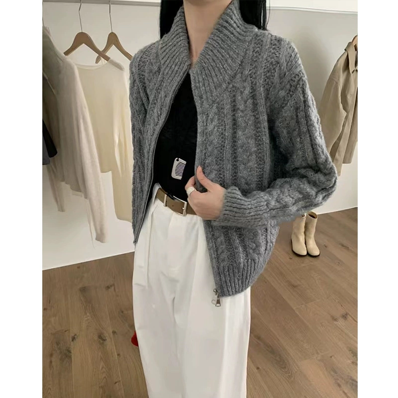 Demi-season retro cardigan with zipper, short sweater, jacket, Korean style, high-quality style