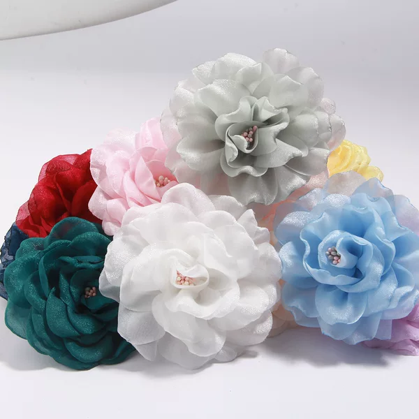 Star Yarn Burned Edge Flower Belt Flower Core 9cm Organza Yarn Flower Simulation Rose Flower Clothing Accessories Shoe Headwear