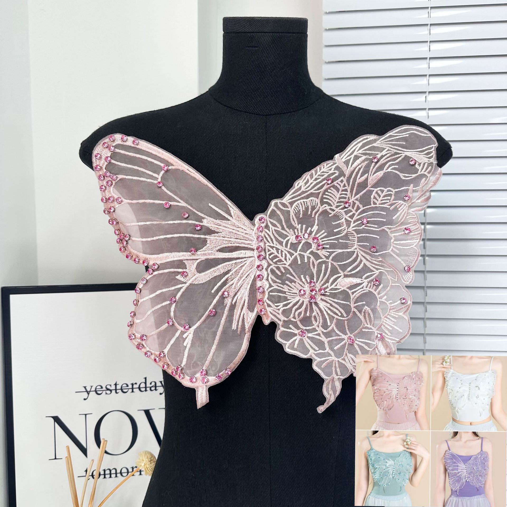 Vestido de malla fina con bordado de mariposas y apliques de diamantes de imitación, ropa de baile, nuevo estilo chino, accesorios de ropa, fabricante en stock.