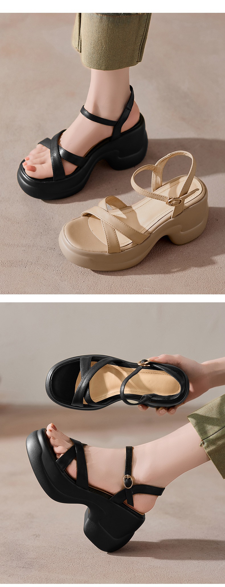 Sandal cao gót nữ hở mũi đế xuồng da bò, quai ngang đi làm — đen chi tiết 1