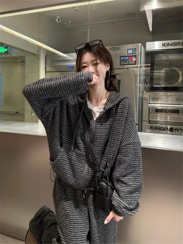 冬季新款韩版慵懒风条纹长袖连帽外套上衣+高腰显瘦阔腿裤套装女|undefined