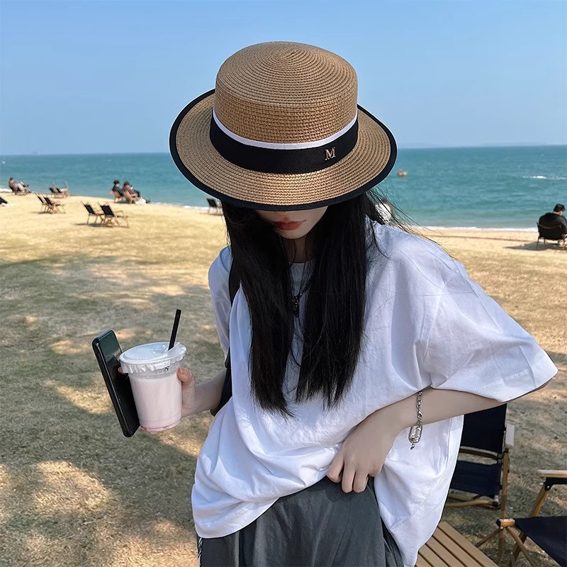 Damen-Sommerhut mit flachem Oberteil, Strickdesign mit Schriftzug, Strandhut mit UV-Schutz_voghion.com