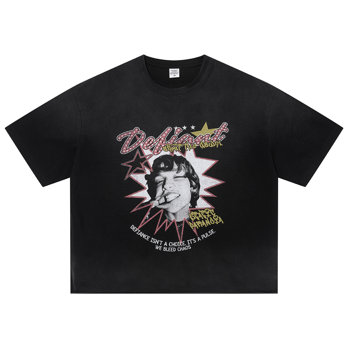Calle secada| Verano estilo americano retro punk callejero estampado retrato de manga corta suelta hacer camiseta de hombro viejo