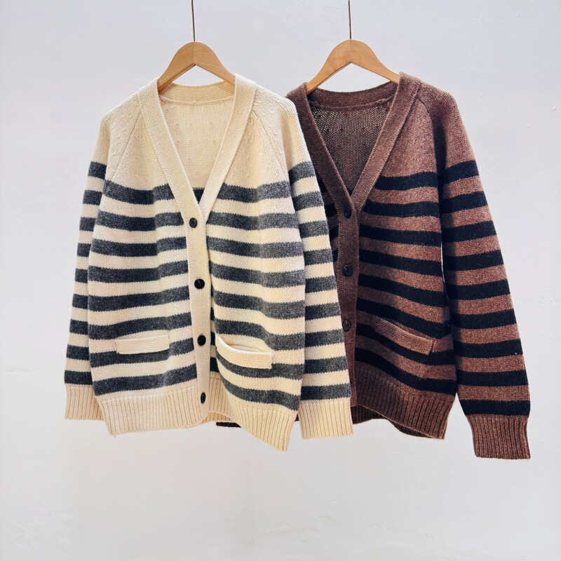 Ed25 Autumn and Winter New Style Retro Camel Yak Wool Women's V-Neck Stripesd Knitted Cardigan Jacket Loose Sweater Inner Wear