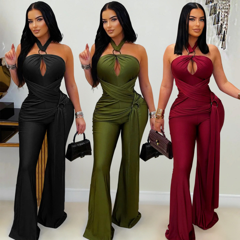 Cross-Border Aliexpress Amazon European and American Fashion Women's Solid Color Temperament Halter Neck Wide Leg Arm Wrap Jumpsuit