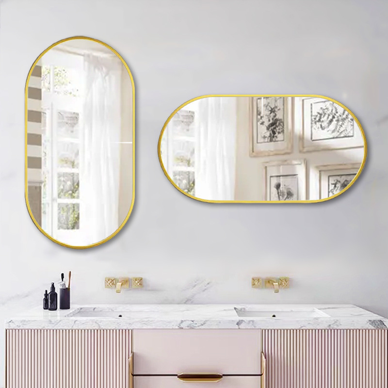 Espejo de Baño de Aleación de Aluminio, Instalación sin Taladro, para Baño, Aseo, Dormitorio, Espejo Ovalado, Venta al por Mayor, Ultra Blanco