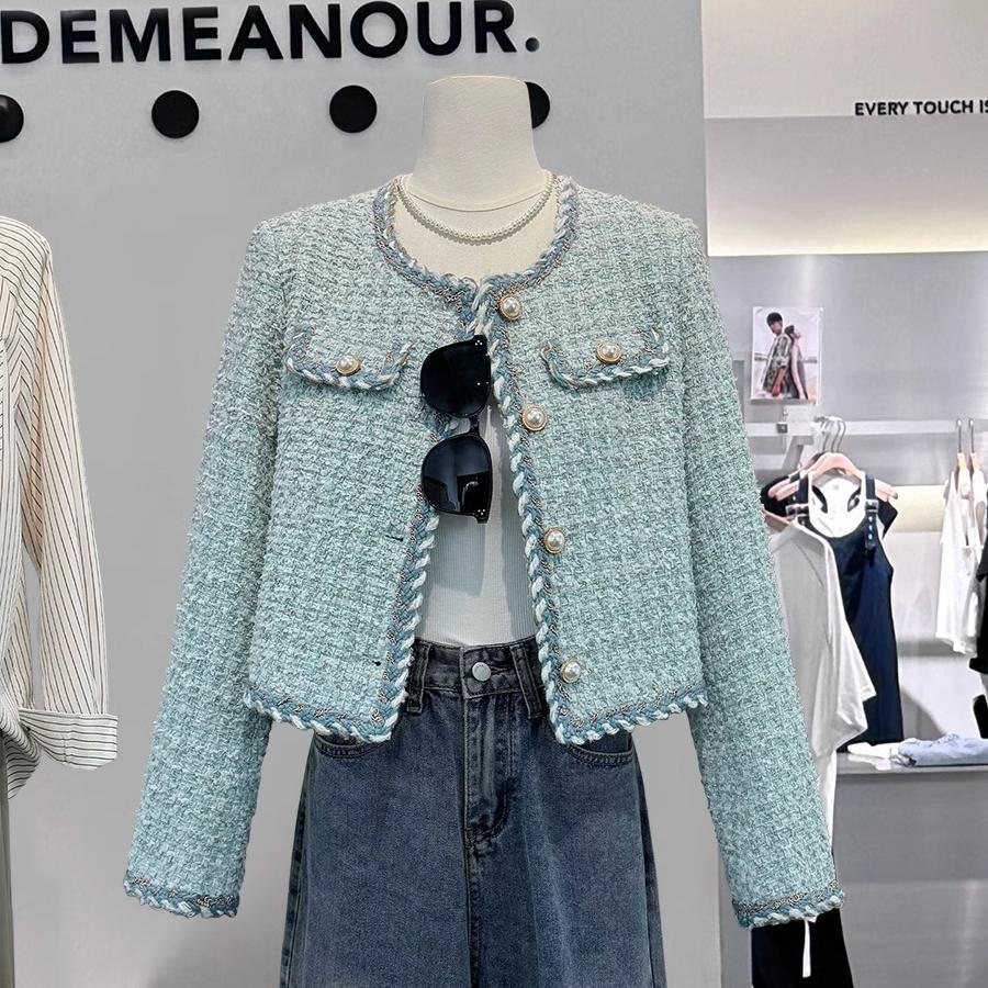 French Blue Exquisite Small Fragrant Tweed Short Outwear for Women 2025 Autumn and Winter New Elegant Lady Braided Top