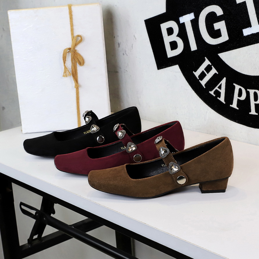 8292-K113 European And American Mary Jane Women's With Chunky Heel, Square Toe, Shallow Cut, Single Strap, Suede,_vogvips.com
