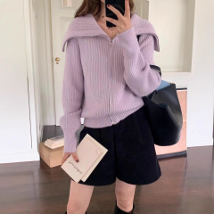 跨境欧美双拉链海军领毛衣女2025秋冬宽松慵懒风针织开衫外套上衣