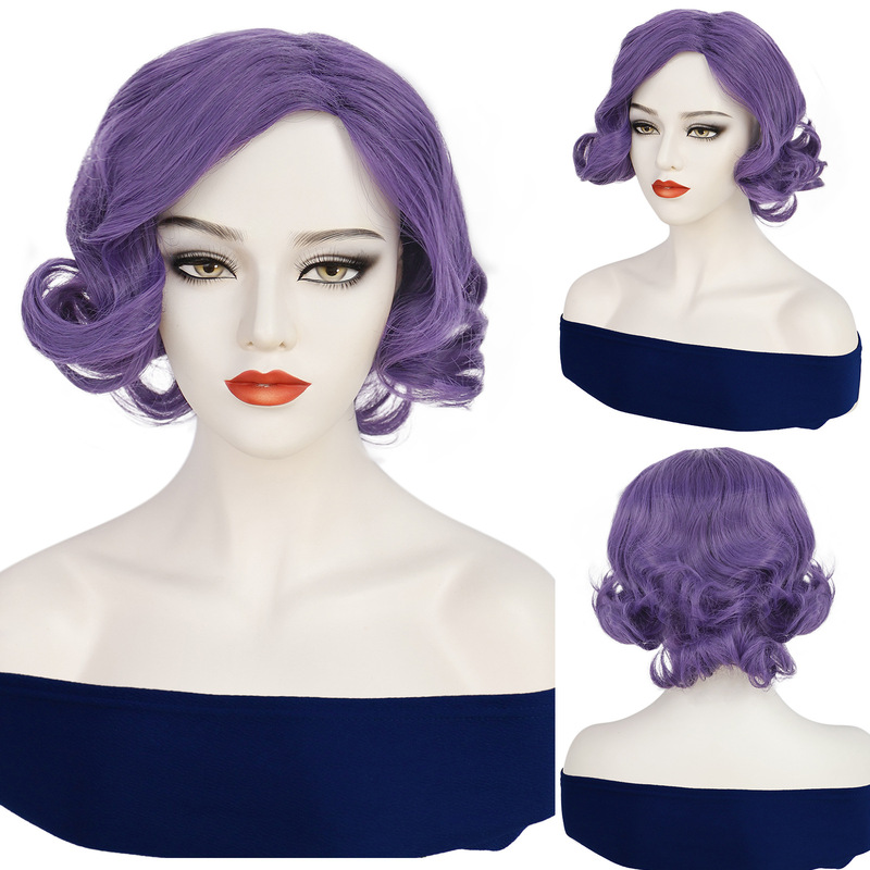 European and American Style 80S Retro Fashion High-End Purple New Chinoiserie Cheongsam Wig for Women with Wavy Short Curly Hair
