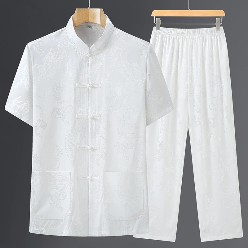 Silk summer thin summer clothing for boys for elderly, set, with short sleeve, Chinese style