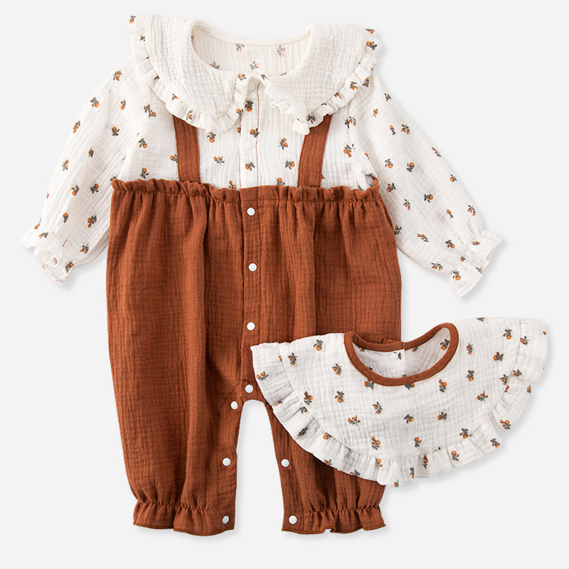 Mono de bebé de gasa de algodón Primavera y otoño ropa de casa de manga larga ropa de bebé niña ropa de salida falsa de 2 piezas para niños