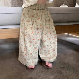 2025韩版女童春季复古碎花牛仔裤阔腿裤宝宝洋气儿童宽松裤子长裤