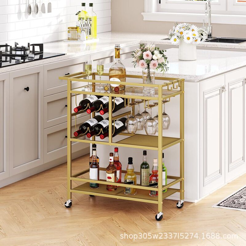 3-Tier Serving Cart, Beverage Cart with Wine Rack and Glass Holder, Home Bar Cart with Wheels and Handle 3-Tier Serving Cart, Beverage Cart with Wine Rack and Glass Holder, Home Bar Cart with Wheels and Handle
