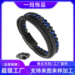 Amazon ベストセラー天然タイガーアイビーズメンズブレスレット手織り多層レザーバングル工場卸売