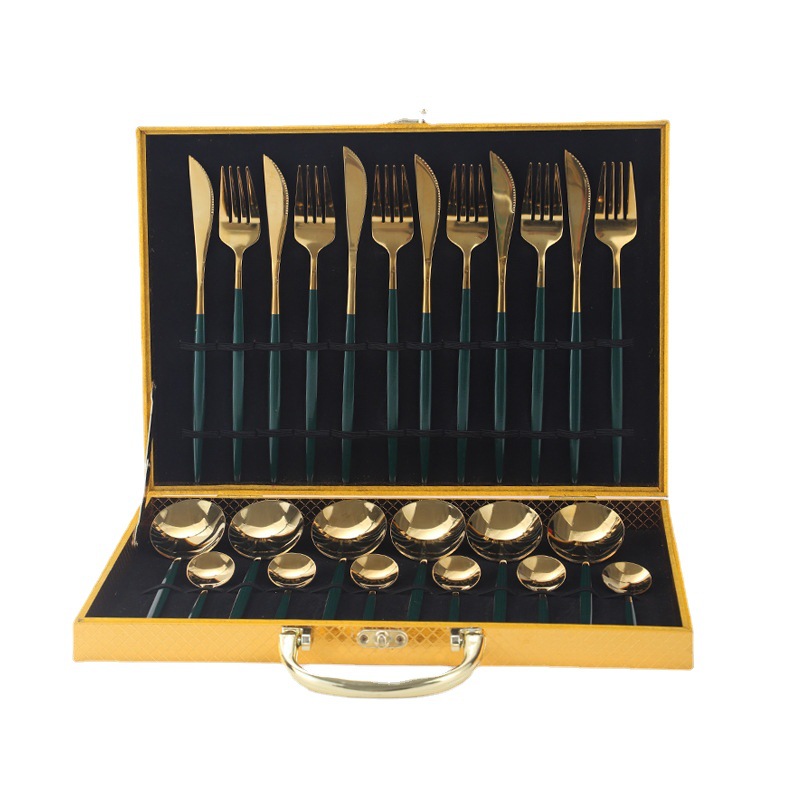 Amazon popular vajilla de acero inoxidable 24 unidades traje Portugal cuatro piezas principales comida occidental cuchillo, tenedor y cuchara caja de regalo traje