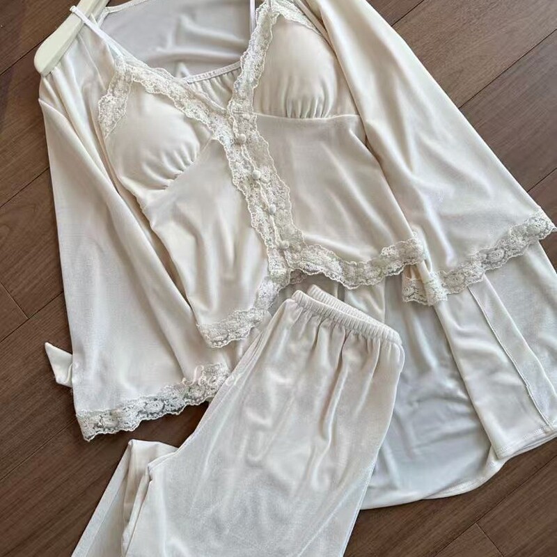 H4K Women's Autumn and Winter Velvet Pajamas with Chest Pad, Camisole, and Long Pants Three-Piece Set, High-End Light Luxury Sexy Loungewear H4K Women's Autumn and Winter Velvet Pajamas with Chest Pad, Camisole, and Long Pants Three-Piece Set, High-End Light Luxury Sexy Loungewear