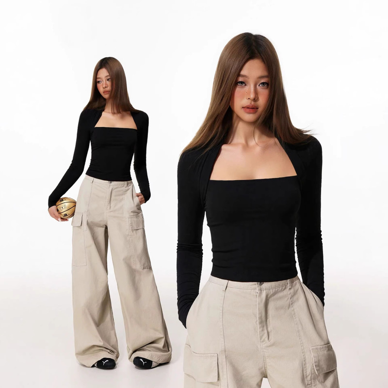 Cross-Border American-Style Faux Two-Piece Short Base Shirt for Women, Slim-Fit Black T-Shirt, Slimming Inner Wear with Long Sleeves Cross-Border American-Style Faux Two-Piece Short Base Shirt for Women, Slim-Fit Black T-Shirt, Slimming Inner Wear with Long Sleeves