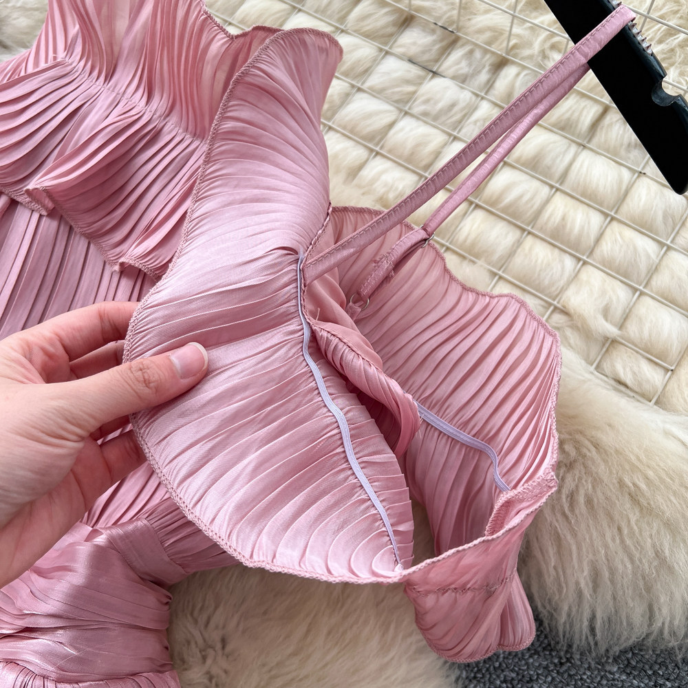French Style Off-Shoulder Spaghetti Strap Dress Korean Waist Cinching Summer Elegant Long Dress for Vacation_ecoleips.com