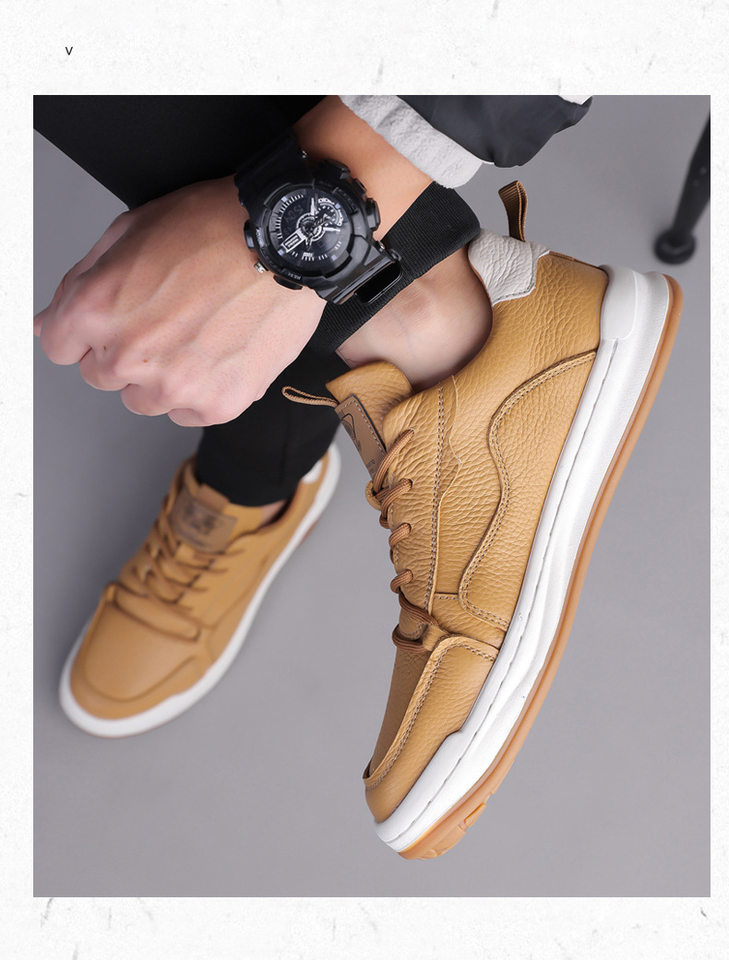 Giày thể thao nam da bò lớp đầu thoáng khí đơn giản, giày sneaker trắng thời trang — Q8058 màu đen, q 8058m trắng, q8058 màu vàng nâu chi tiết 14