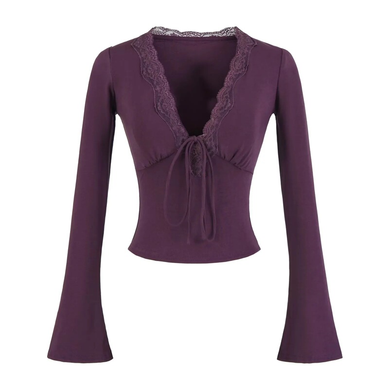 Korean Style Inner Bell-Sleeved Western-Style Bottoming Shirt for Women, Pure Lace Lace V Neck Lace-Up Long-Sleeved T-Shirt Slimming Look Top