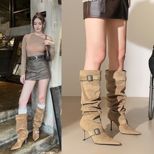 919-35 slim heeled long tube boots for women, high tube slimming boots, belt buckle, pointed pleat stacking boots, high-heeled knight boots